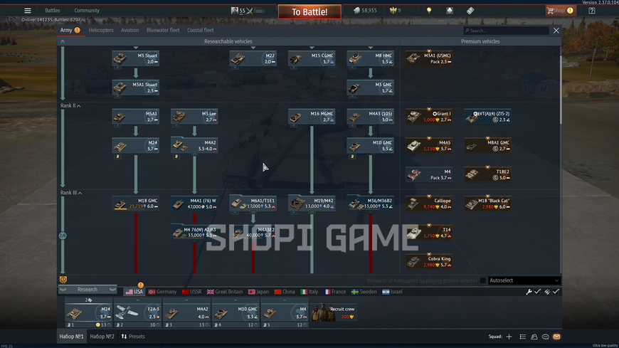 Авіація СРСР 3 | Танки:  СРСР 5, Германія 4,США/ВБ 3 | Рівень: 52 | Mi-4AV | T-44-100 | T-54 (1947) | IS-2 | IS-2 (1944) | M-51 | M109G | Ostwind II | Panther A | T-54-85 | T-44 | Tiger II 1612 фото