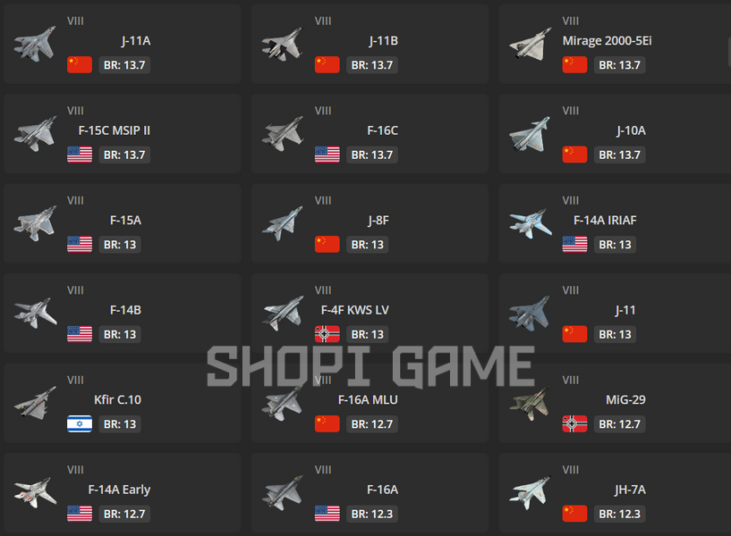 The maximum configuration for the aircraft is 8-rank + aircraft: F/A-18C F-15E EF-2000 Mirage 2000-5Ei J-10A J-11B J-11A F-15C MSIP II JH-7A MiG-29 F-16A MLU F-14B 2371 photo