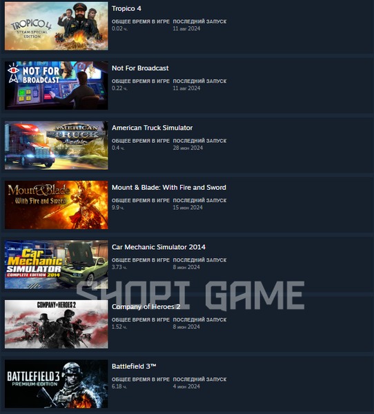 58 games + 9 LVL + Sum of games 9000₴ + Euro Truck Simulator 2 (Purchased different packs in this game roads, etc.) + Full access