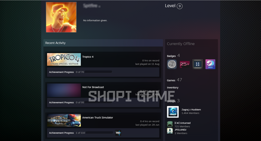 58 games + 9 LVL + Sum of games 9000₴ + Euro Truck Simulator 2 (Purchased different packs in this game roads, etc.) + Full access