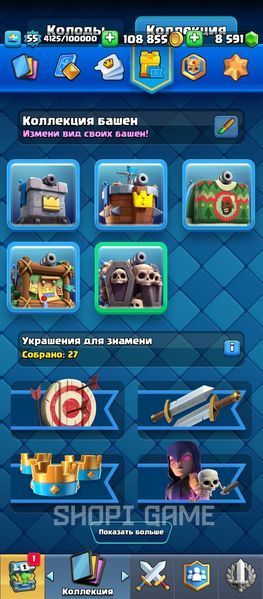 4 EVO + 5 Osk. | 9,000 Gems | 16 LvL Rocket | 121/121 cards | 10,500 cups | 2885 photo