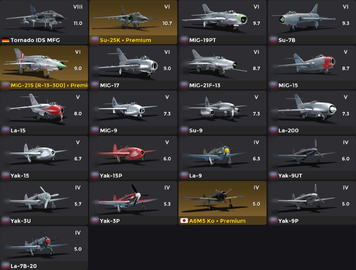 Tier 8 (Aircraft) + Tier 7&ndash;6 premium aircraft. Aircraft: USSR + Germany (Su-25K, MiG-17, MiG-21S) 2936 photo